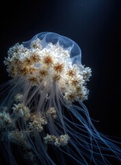 Elegant jellyfish illuminated against a deep dark background with trailing tentacles