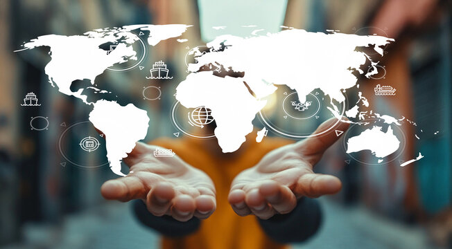 Hands Reaching Out with a Digital World Map Concept Overlaid on Urban Background Showcasing Global Connectivity and Exploration Opportunities