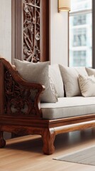 Elegant living room with wooden sofa and decorative carvings in natural light