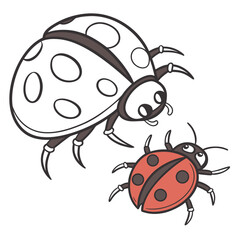 Two charming cartoon ladybugs one red with black spots and the other a large white one with outlined spots are depicted against a clean white background