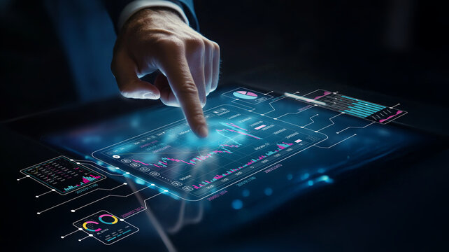 Futuristic Digital Interface with Business Data and Hand Interaction in a Dark Environment Highlighting Innovative Technology Trends