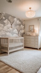 Elegant nursery interior with hot air balloon mural and crib