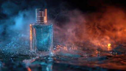 Elegant perfume bottle illuminated with vibrant blue and orange lighting