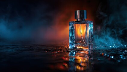 Elegant perfume bottle illuminated with dramatic lighting on dark background