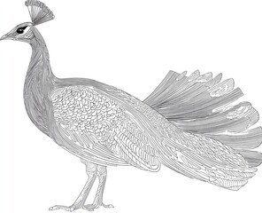 Elegant peacock illustration detailed outline of birds feathers and features