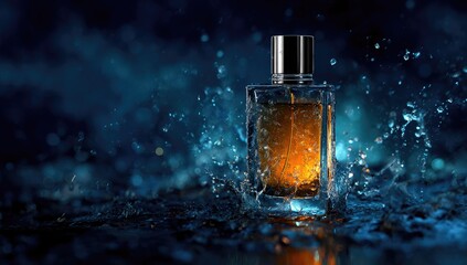 Elegant perfume bottle with water splash against a dark blue backdrop