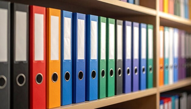 Organized shelf of colorful ring binders—lever arch files in blue, orange, yellow, green, and purple, each with circular spine hole for easy access, neatly aligned, evoking office efficiency, academic