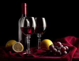 Elegant still life wine glasses bottle grapes and lemons against dark background