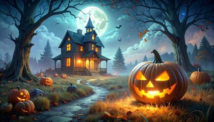 Gothic haunted castle under full moon—illuminated by glowing orange windows, surrounded by leafless trees, swirling mist, and flying bats, dramatic night sky enhances eerie ambiance, evoking Halloween