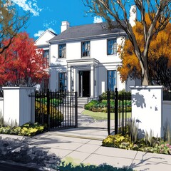 Elegant residential property illustration with lush autumnal landscape
