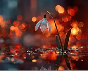Delicate snowdrop flower rising from water surface with bokeh background
