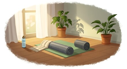 Calm yoga space featuring mat, towel, plants, and large windows overlooking greenery