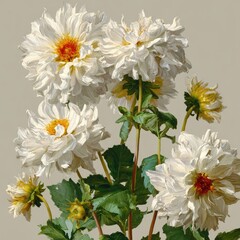Elegant white dahlias botanical illustration against neutral background