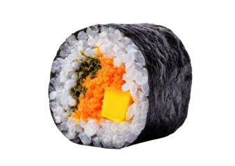 Close-up of a single, rolled sushi piece.  Filled with rice, carrot, and yellow filling, wrapped in nori