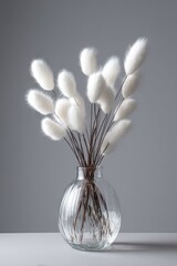 Elegant white dried bunny tail grass in glass vase against gray backdrop