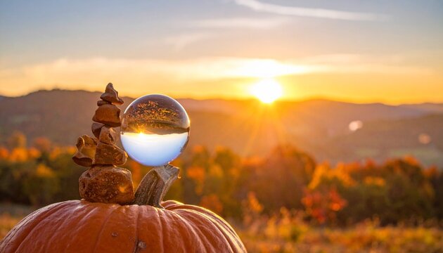 Autumn sunset landscape with pumpkin and glass sphere&mdash;decorative figures atop pumpkin, sphere reflects inverted view of setting sun, fall foliage, and distant hills, warm golden light bathes red, oran