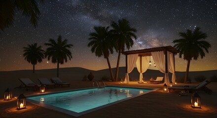 Luxurious desert oasis featuring blue pool, canopies, lanterns, and star-filled night sky