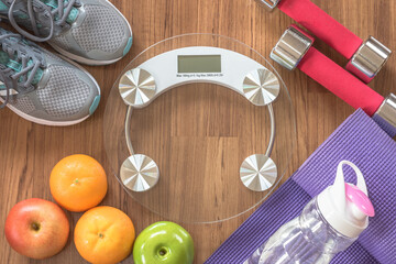 Diet weight loss, body mass index (BMI), healthy sporty lifestyle with scale, fitness gym aerobic...