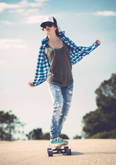Energetic young men and women skateboarding, a lifestyle that is sunny and joyful.