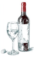Elegant wine bottle and glass illustration on white backdrop for beverage themes