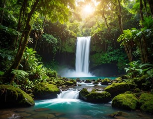 Lush jungle waterfall cascading into a tranquil pool