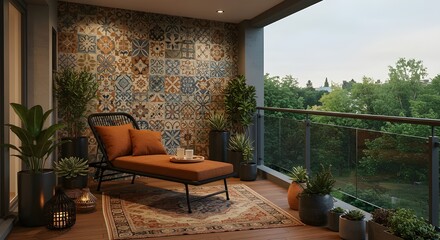 Cozy contemporary balcony with lounge chair, patterned tile wall, plants, and scenic view
