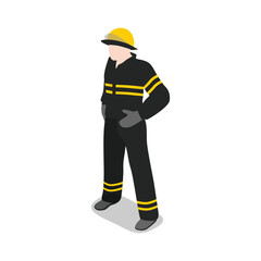 Isometric illustration of a firefighter in uniform, standing with hands on hips, isolated on transparent background