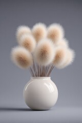 Elegant white vase with fluffy dried flowers against a neutral gray backdrop