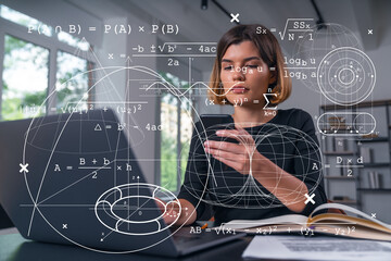 Woman solving complex mathematical equations on smartphone with scientific graphics overlayed in modern office environment background concept scene.