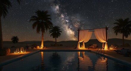 Luxurious desert oasis at night featuring glowing lanterns, pool, and star-filled backdrop