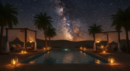Tranquil desert night with illuminated pool, gazebos, and starry Milky Way sky