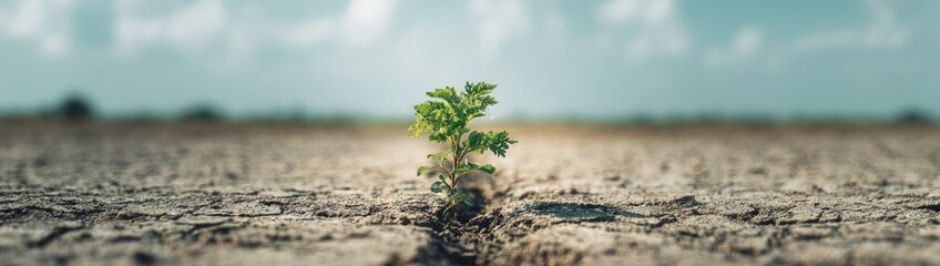 Emerging plant growing from cracked ground under a cloudy sky