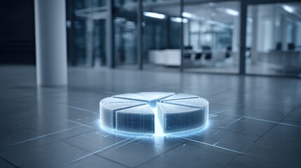 3D Holographic Pie Chart Displaying Data in Modern Office Environment
