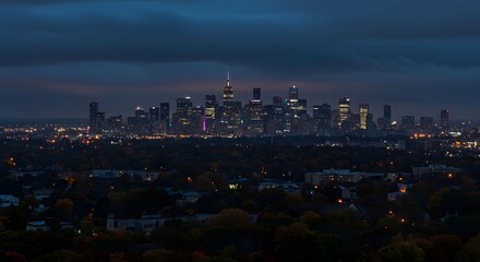 Illuminated NYC skyline beneath cloudy sky, with forested autumn landscape reflecting city lights