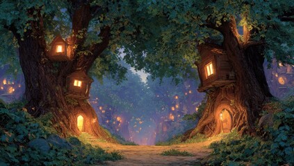 Enchanted forest scene with illuminated tree houses and warm glow
