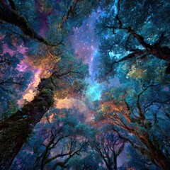 Enchanting canopy view of tall trees under a vibrant night sky panorama