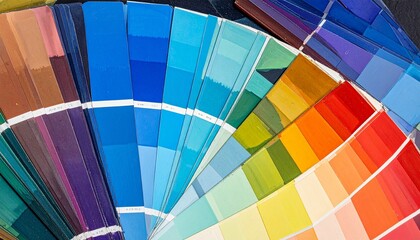 Fototapeta premium Fan-like arrangement of color swatches—each displaying gradient shades within blue, green, yellow, orange, red, and purple families, organized to showcase full spectrum, evoking design precision, visu