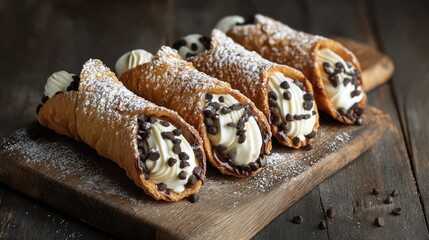 Obraz premium Italian cannoli with ricotta cream filling, rustic Sicilian table