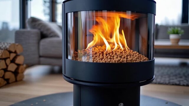 A cozy modern fireplace with flames dancing above a bed of burning pellets in a stylish living room.