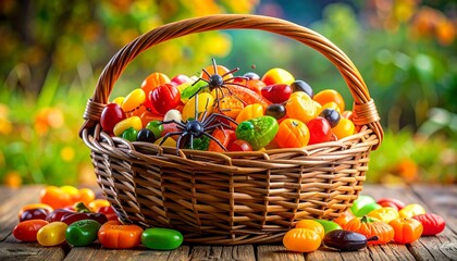 Wicker basket filled with colorful Halloween candies—jelly beans, candy pumpkins, assorted sweets in orange, yellow, red, green, and black, with plastic spiders on wooden surface and autumn foliage ba