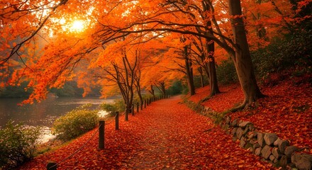 Peaceful fall landscape featuring leaf-covered path, vibrant foliage, and calm reflective lake