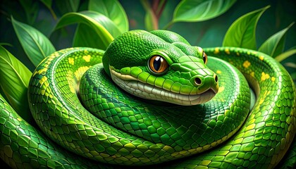 Fototapeta premium Coiled green snake with yellow and white specks—head centered, scales vividly detailed, evoking natural camouflage, reptilian elegance, and intense biological texture.
