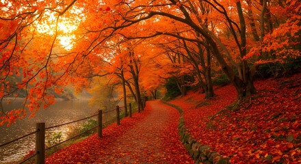 Serene autumn lake scene with winding path, colorful trees, and golden sky reflections