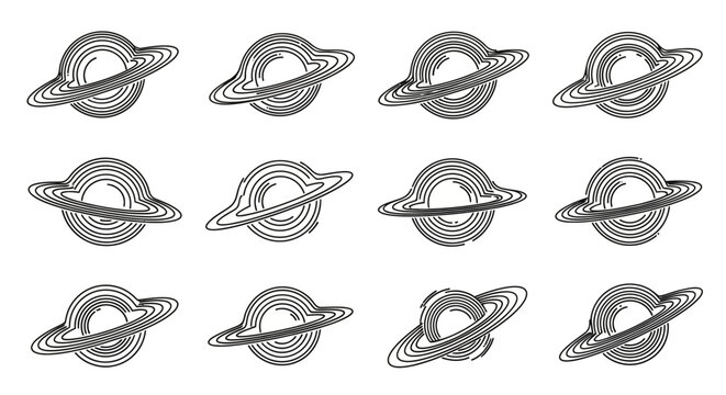 A set of twelve black and white line art illustrations depicting black holes with swirling accretion disks on a white background.
