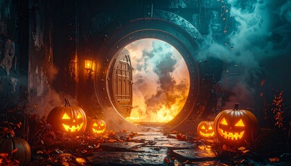 Fototapeta premium Dark Halloween portal scene in haunted building—fiery smoke-filled doorway surrounded by glowing jack-o'-lanterns, cracked walls, autumn leaves, and misty lighting, evoking supernatural suspense, fest