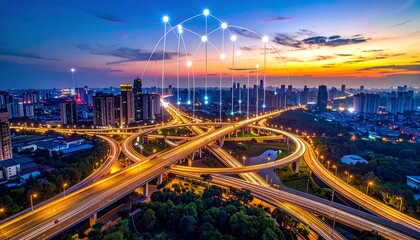 View of Earth from space with glowing digital network—illuminated cities, curved horizon, and starry backdrop, evoking global connectivity, technological infrastructure, and futuristic data exchange.
