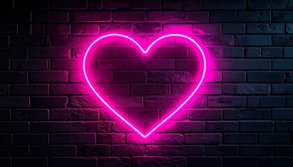 Neon pink heart glowing on dark brick wall—central placement with radiant light illuminating textured bricks, evoking love symbolism, urban contrast, and vibrant emotional expression.