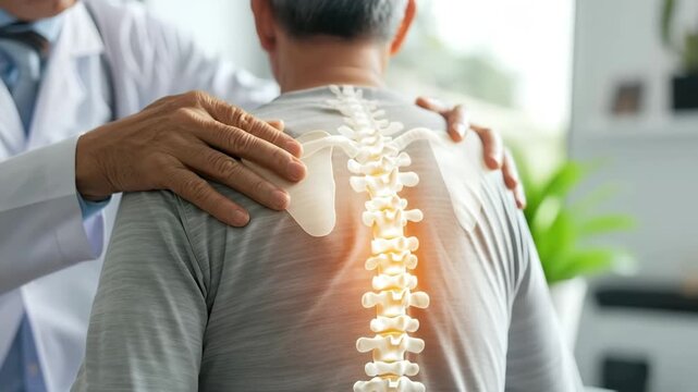 Doctor osteopath checking medical examination of spine on eldery man's back and neck, indication of back pain. Spine is illuminated as bones. Improper spinal curvature osteochondrosis