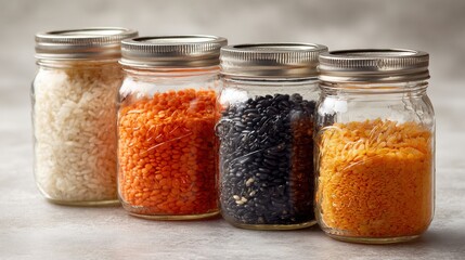 Colorful Jars Filled with Rice, Lentils, and Spices on a Countertop