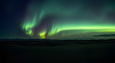 Ethereal Aurora Borealis dancing above dark desert landscape under star-filled night sky